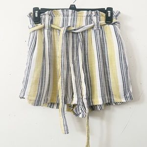 New Look White Yellow & Gray Linen Striped Paperbag Shorts